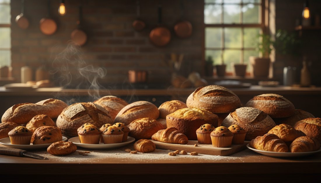 Pães e bolos acabados de sair do forno