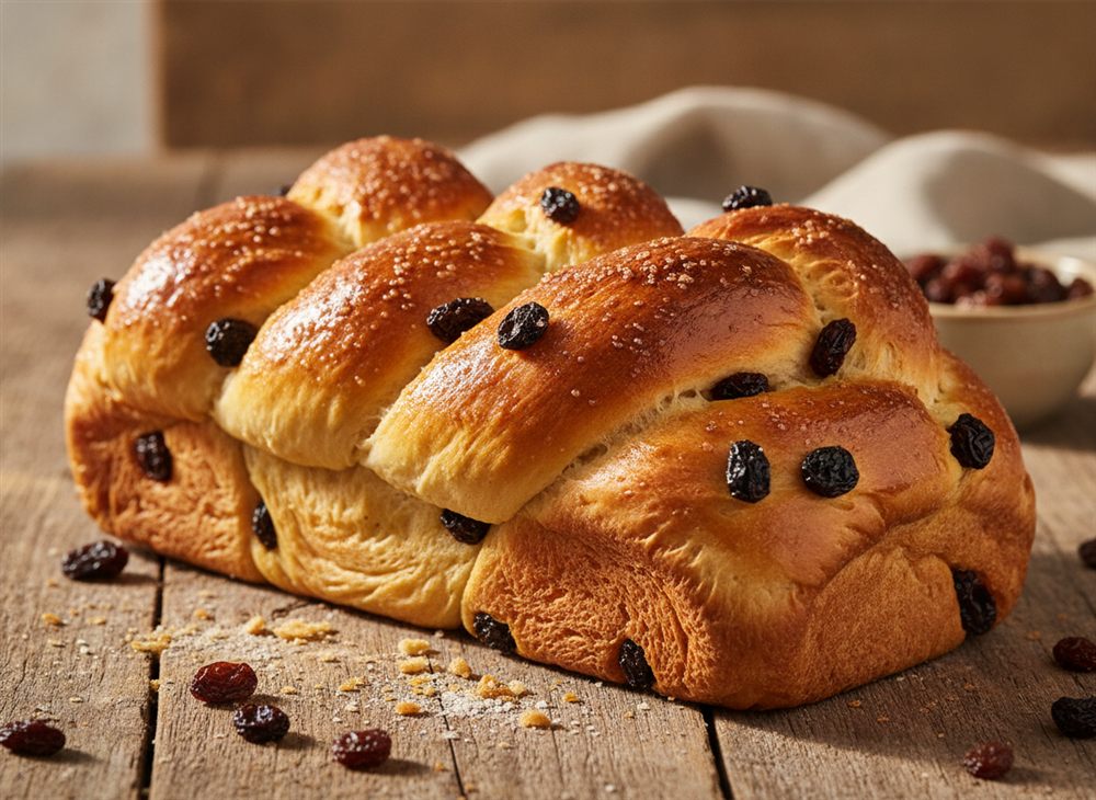 Trança doce de brioche com sultanas